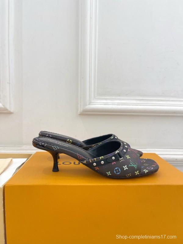 2025 Women Louis Vuitton Multicolor Leather Kitten Heel Studded MJ00290