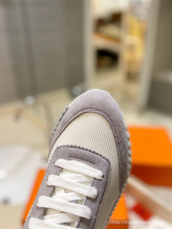 2024 Women Hermès white gray mesh suede sneakers