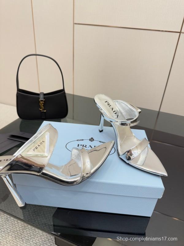 2025 Women Prada Silver Leather Pointed Toe Sandals