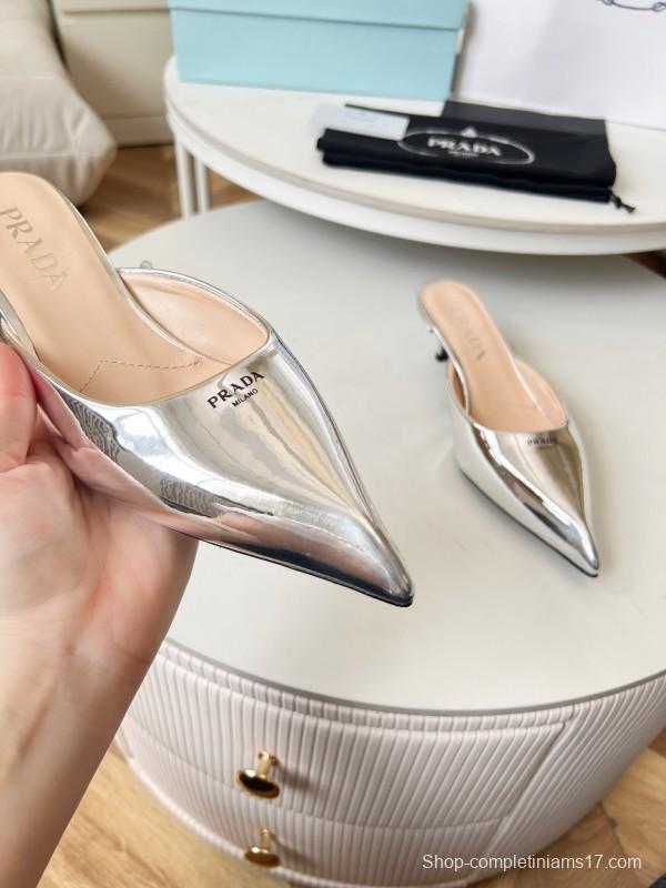 2025 Women Prada Silver Patent Leather Mules