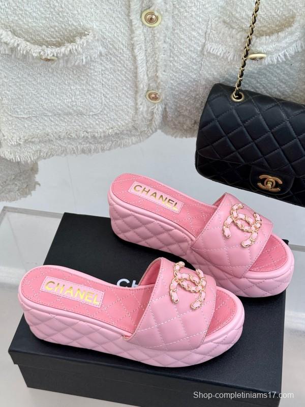 2025 Women Chanel Pink Leather Platform Slide Sandals