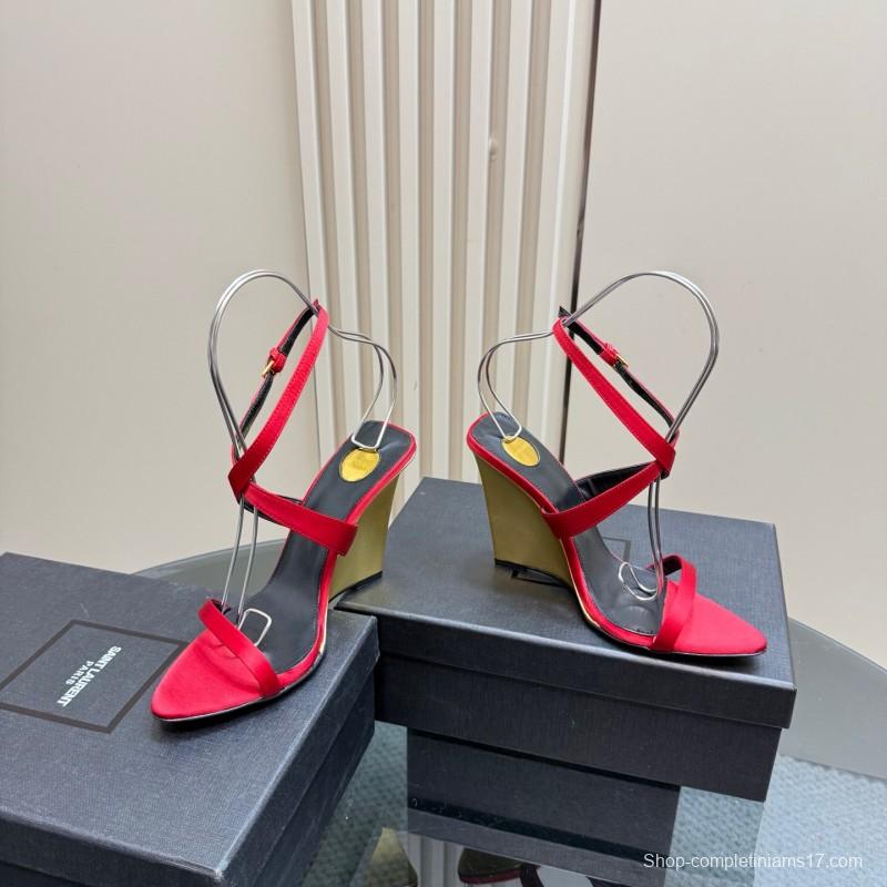 2025 Women Yves Saint Laurent Red Silk Wedge Sandals Elegant Craftsmanship LY00360(F)