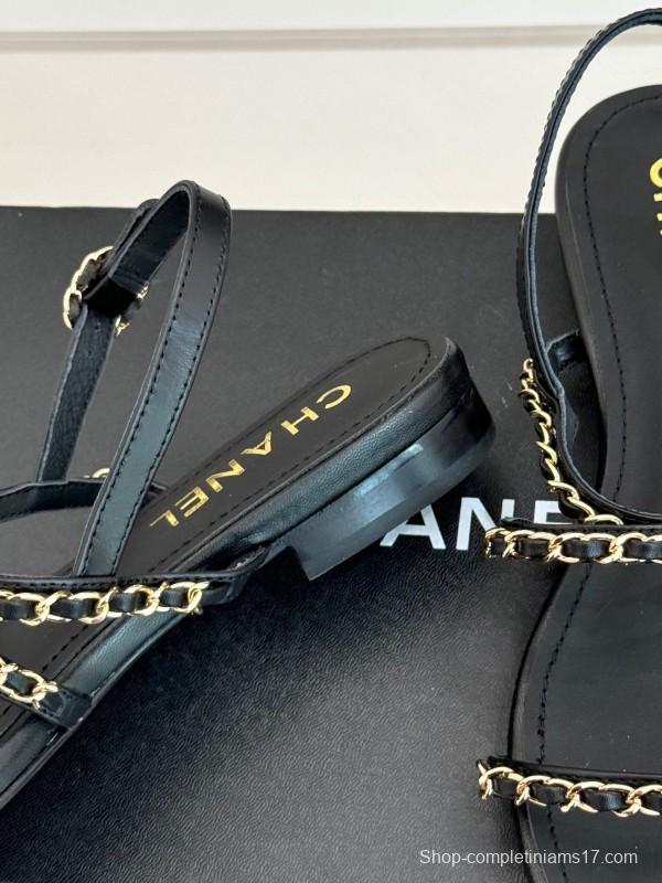 2025 Women Chanel Black Leather Slingback Sandals Chain KFY00270