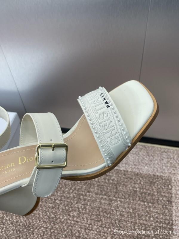 2025 Women Dior White Calfskin Silk Embroidery Sandals KFY00320