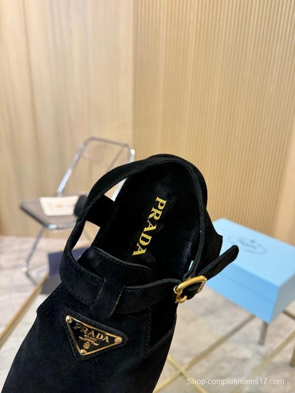 2025 Women Prada Black Suede Sandals