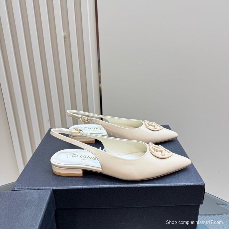 2025 Women Chanel Beige Patent Leather Slingback Heels KFY00290