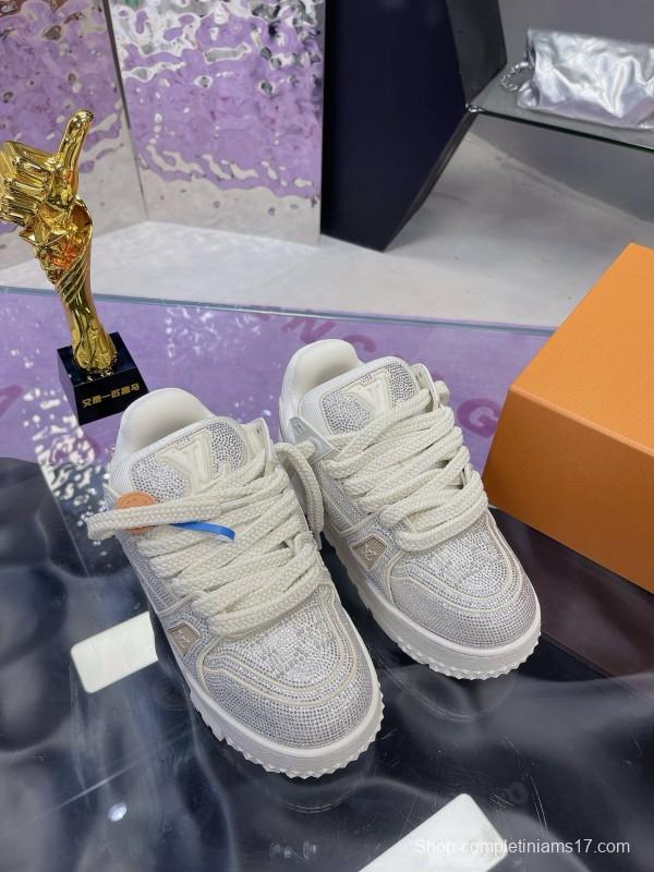 2024 Unisex Louis Vuitton White Silver Leather Trainers Crystal Embellished MJ00430