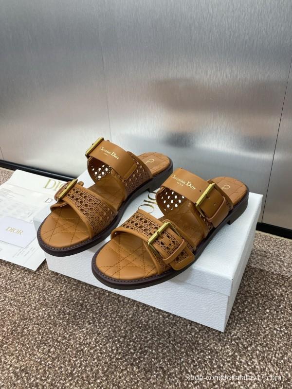 2025 Women Dior Brown Leather Slip-on Sandals