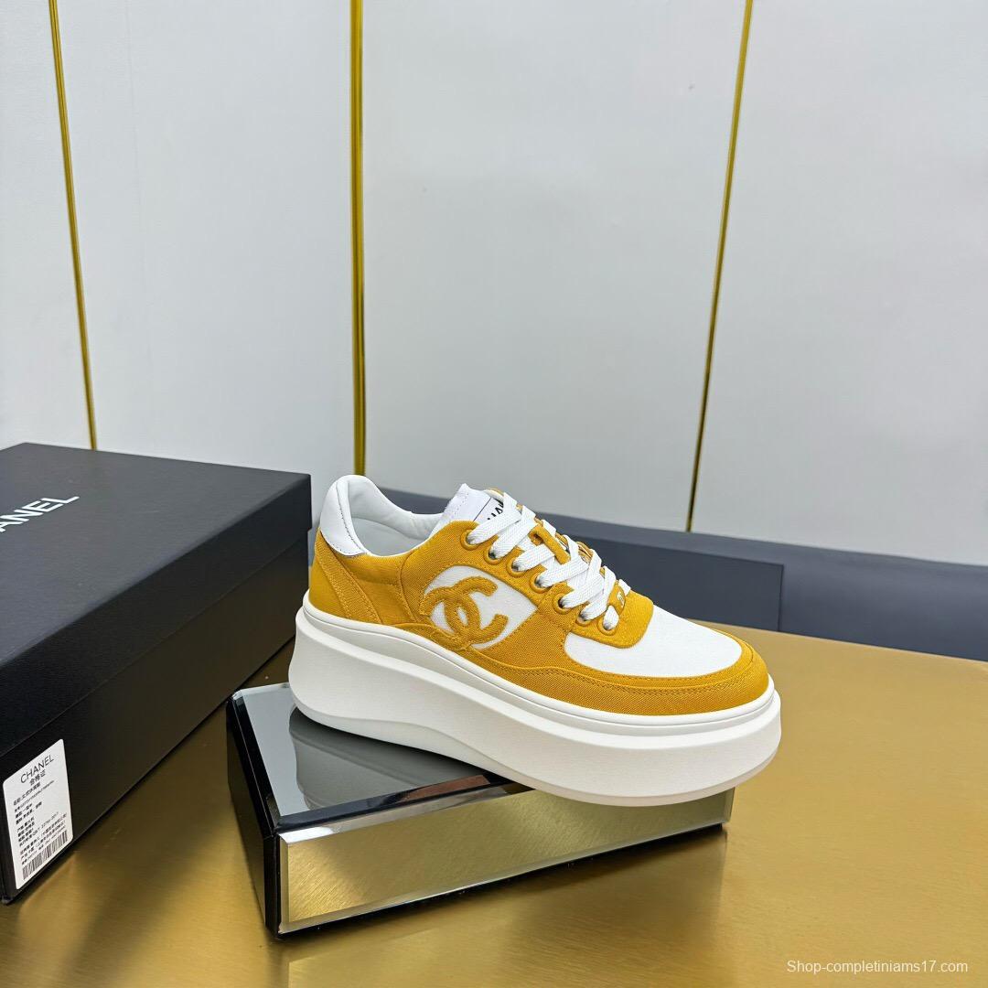2025 Women Chanel Yellow White Canvas Leather Platform Sneakers