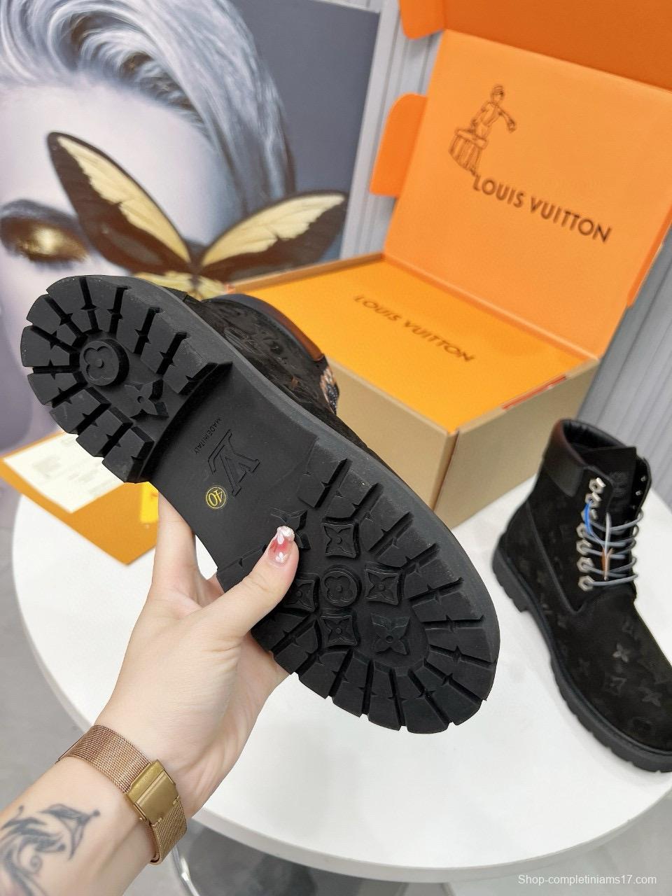 2024 Unisex Louis Vuitton Black Brown Suede Leather Ankle Boots MJ00450