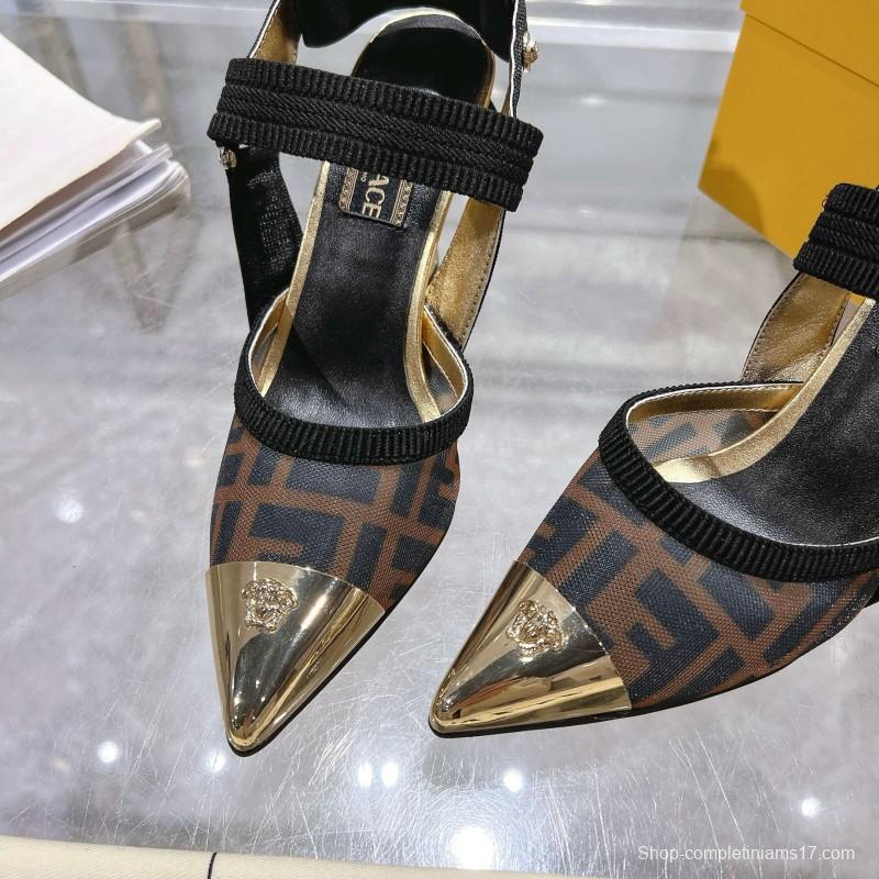 2025 Women Fendi Brown Black Leather Mesh High Heels MJ00280