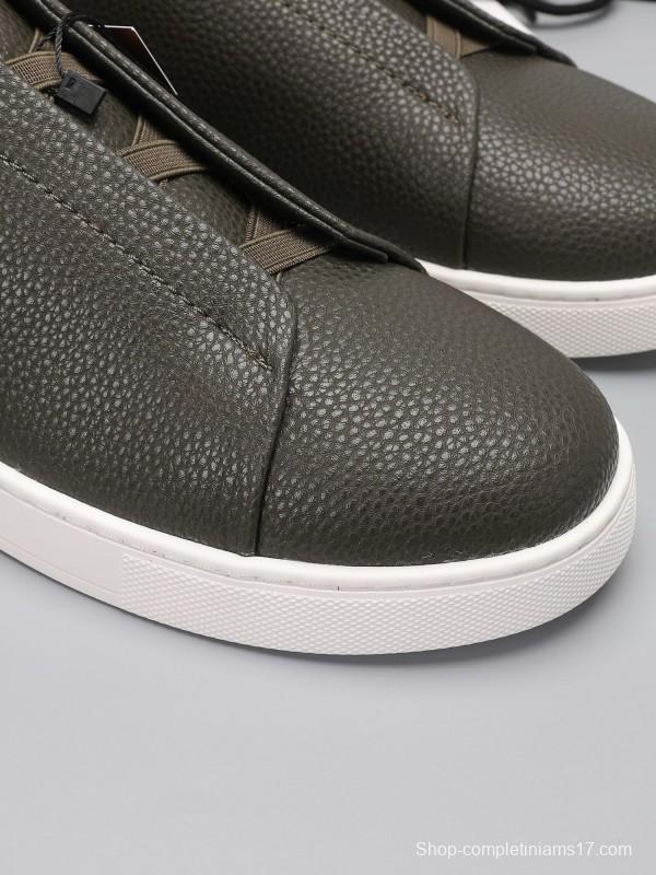 2024 Men Ermenegildo Zegna Dark Green Leather Sneakers MJ00240
