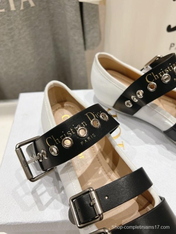 2025 Women Dior White Black Leather Mary Jane Buckle KFY00300