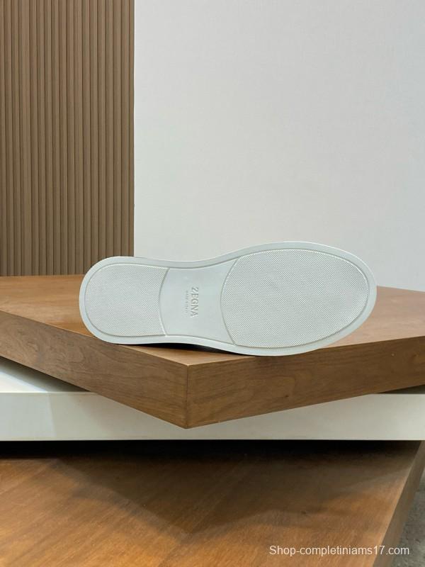 2024 Unisex Ermenegildo Zegna Grey Blue Pelletessuta Calfskin Sneakers Stretch Detail MJ00280