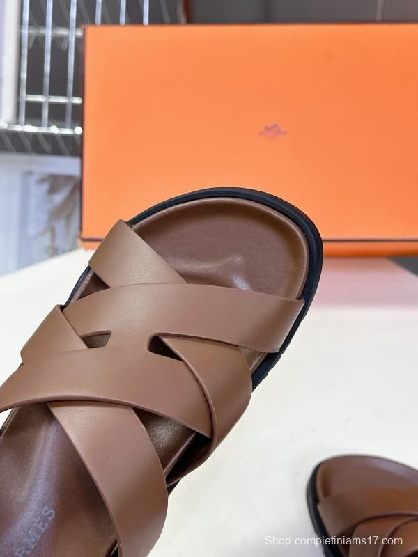 2025 Women Hermès Brown Leather Sandals