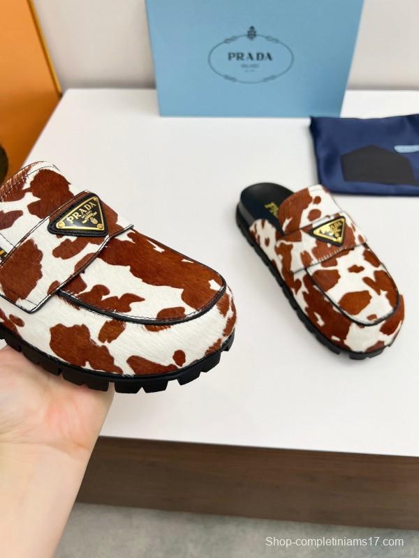 2025 Women Prada Brown White Cowhair Leather Slippers LY00270