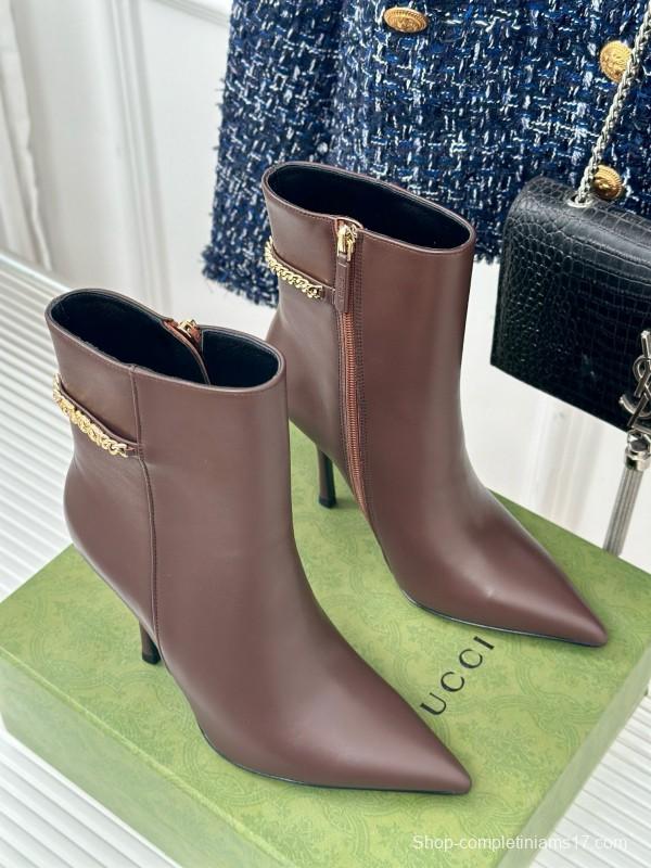 2024 Women Gucci brown calf leather ankle boots chain MJ00410