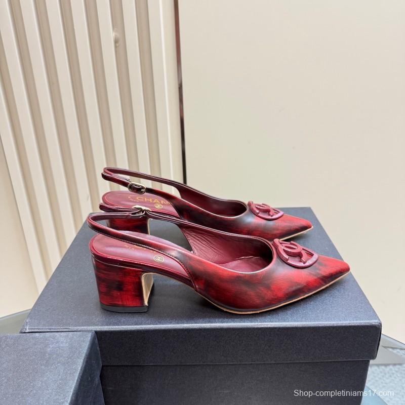 2025 Women Chanel Burgundy Leather Slingback Heels KFY00290