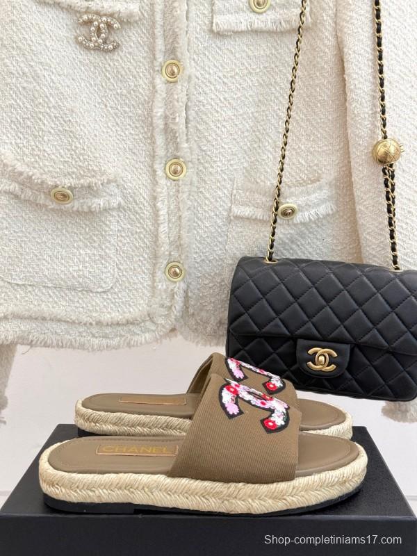 2025 Women Chanel Khaki Embroidered Lambskin Slippers KFY00230