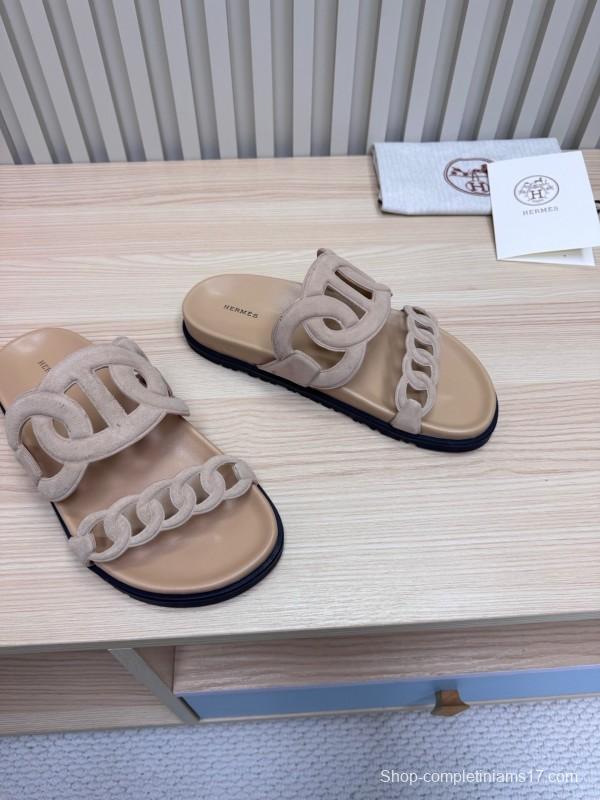 2025 Women Hermès Beige Suede Slippers