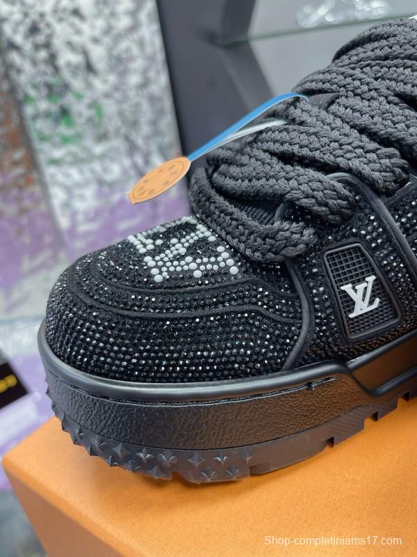 2024 Kids Louis Vuitton Black Rhinestone Fabric LV Trainer