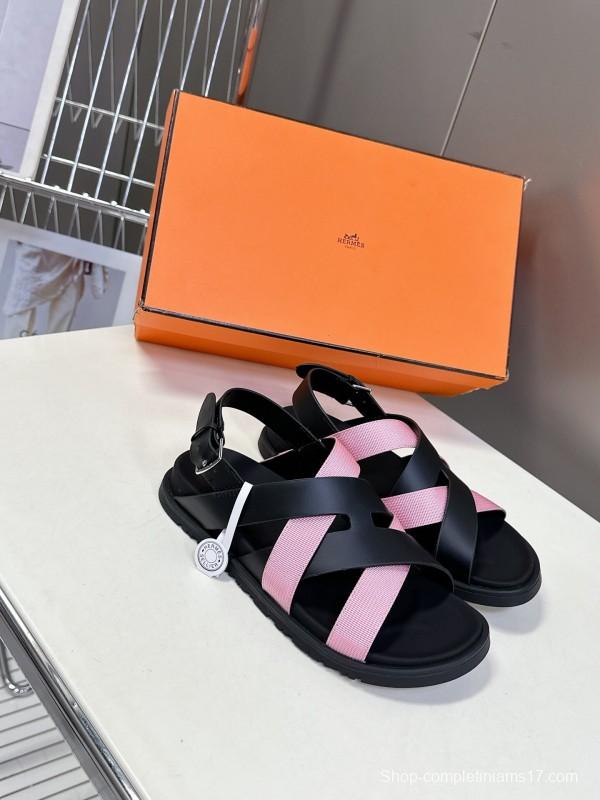 2025 Women Hermès Pink Black Leather Sandals