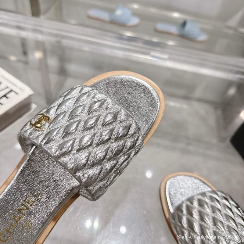 2025 Slippers Chanel Silver Leather Slippers