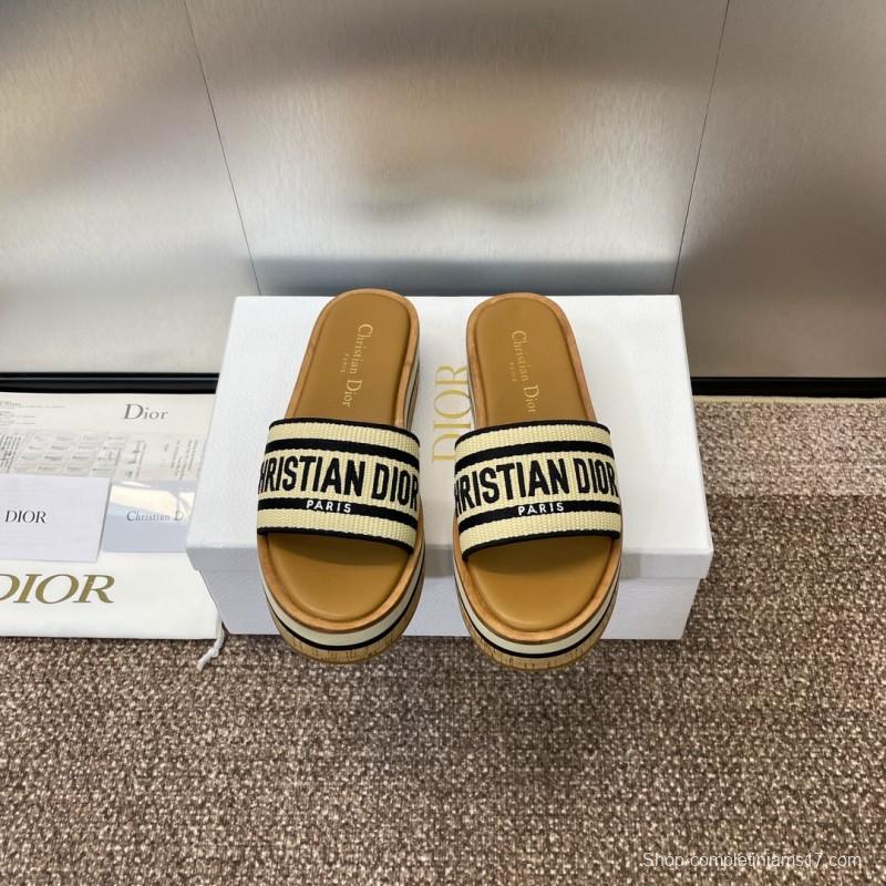 2025 Slippers Dior Beige Black Textile Platform Embroidery