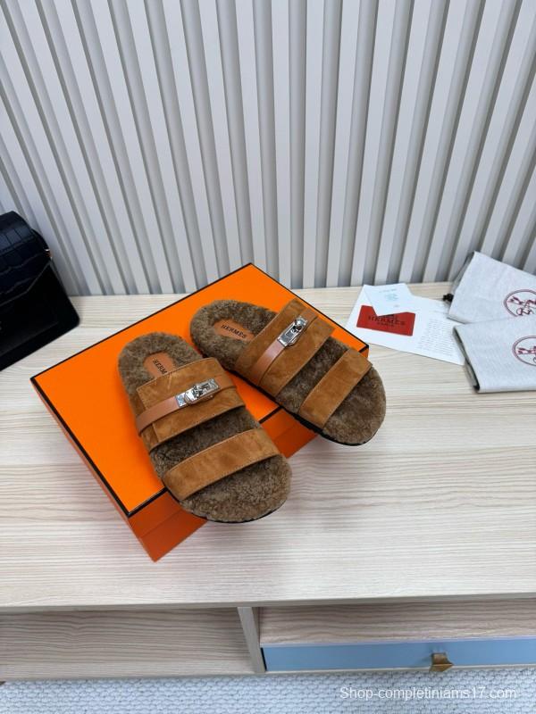 2024 Slippers Hermès Brown Suede Shearling Slippers MJ00300