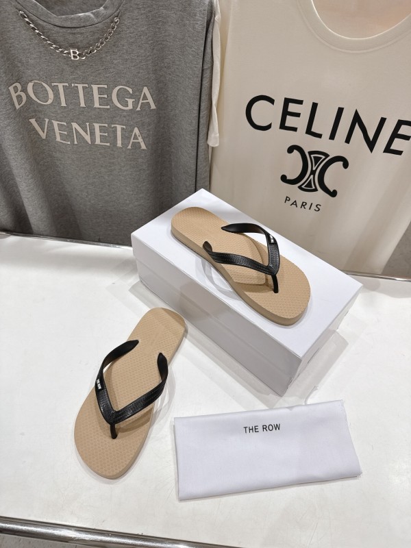 2025 Unisex The Row Beige And Black Leather Casual Flip-Flops Handmade KFY00160