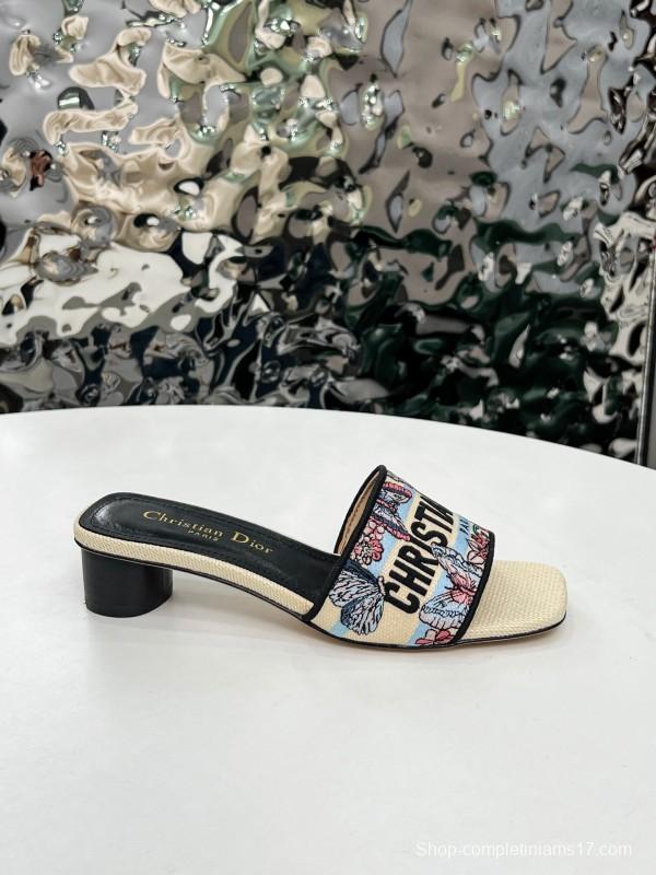 2025 Women Dior Black Beige Embroidery Mid Heel Slippers