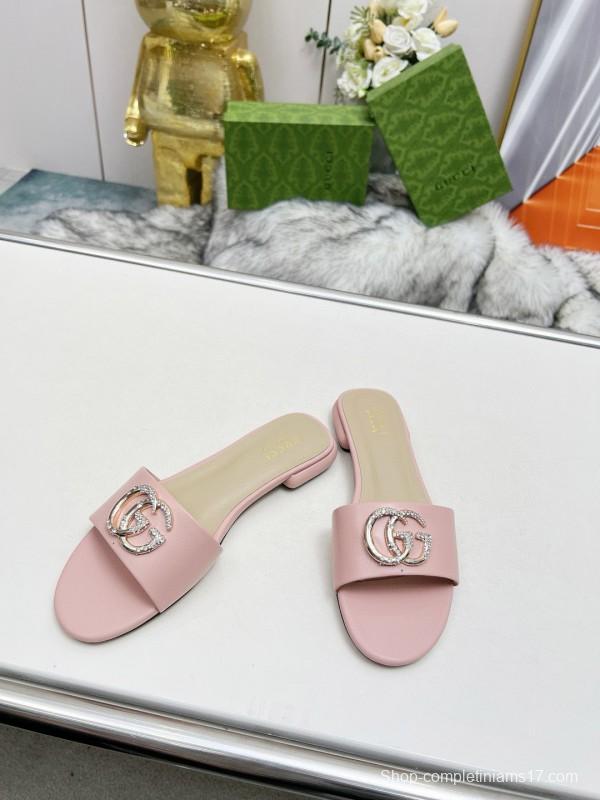 2025 Women Gucci Pink Leather Slippers GG Buckle MJ00190