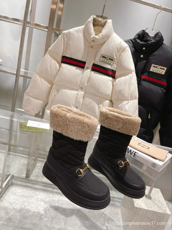 2024 Women Gucci black leather quilted snow boots gold metal MJ00420