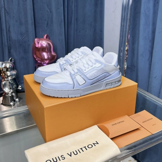 2025 Unisex Louis Vuitton White Light Grey Mesh Leather Trainer