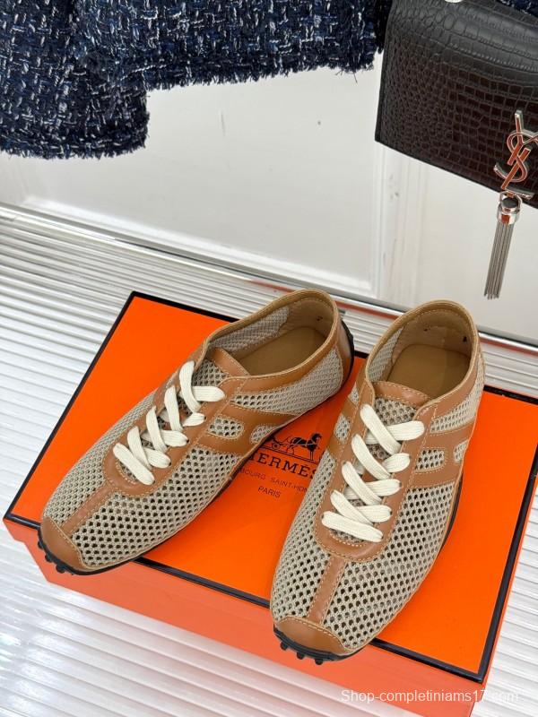 2025 Women Hermès Beige Brown Leather Mesh Casual Shoes
