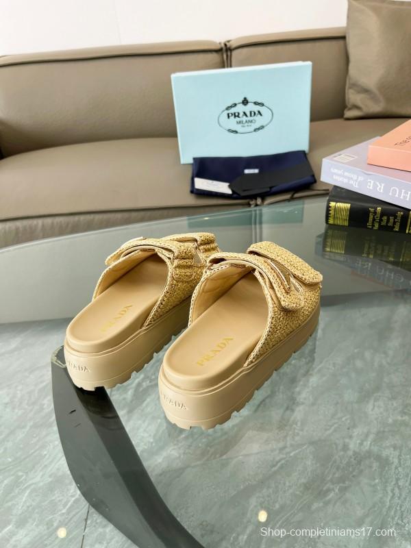 2025 Prada Beige Raffia Slippers LY00290