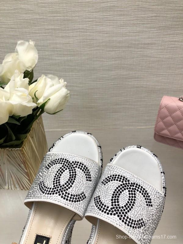 2025 Slippers Chanel White Rhinestone Platform Slide LY00330