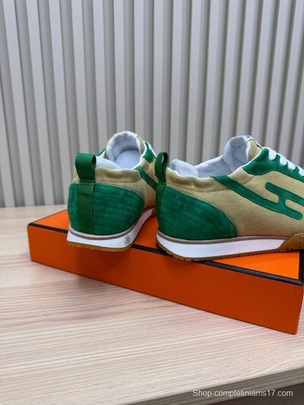 2025 Unisex Hermès Green Beige Suede Down Fabric Sneakers Top Version KFY00300