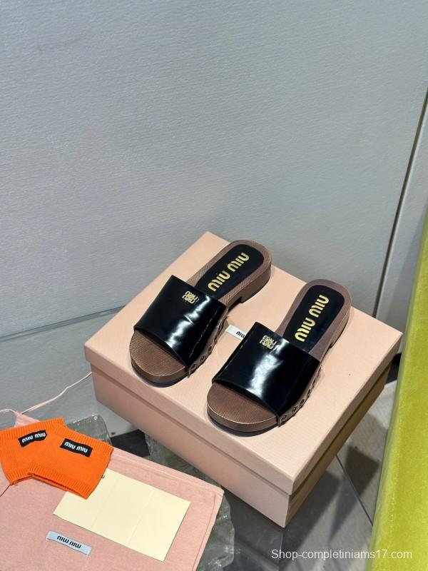 2025 Women Miu Miu Black Leather Slippers