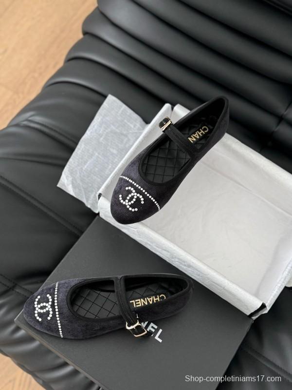 2025 Women Chanel Black Velvet Mary Jane Embroidered LY00280