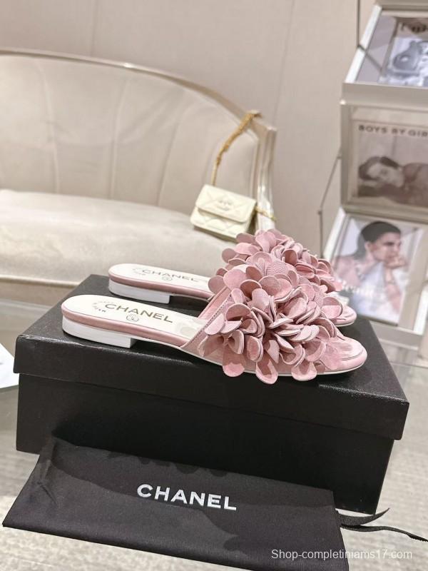 2025 Women Chanel Pink Suede Slippers Floral B2032-2