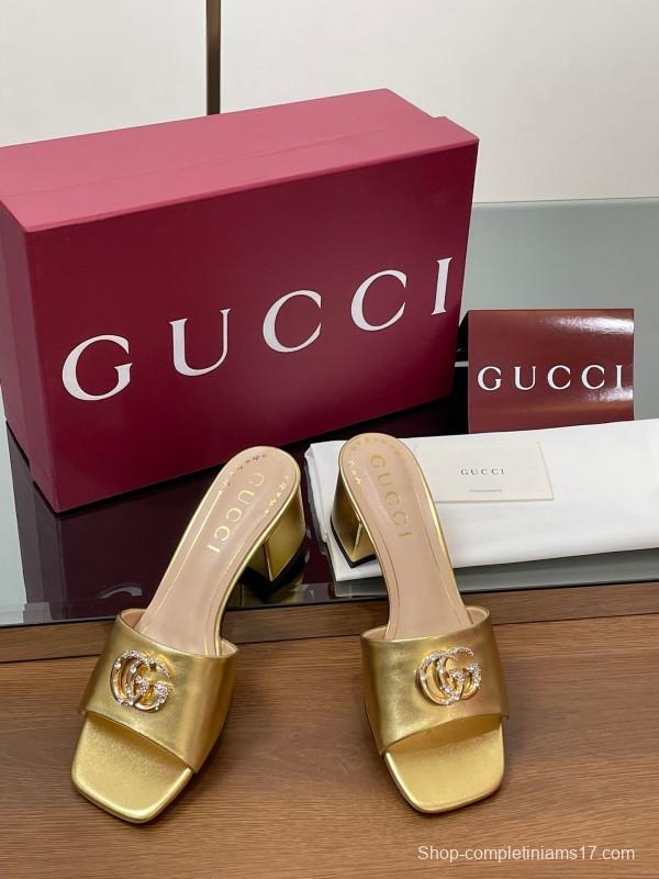 2025 Women Gucci Gold Leather Mules Block Heel