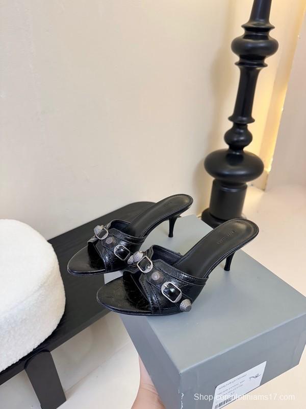 2025 Women Balenciaga Black Leather High Heel Metal Decoration KFY00290