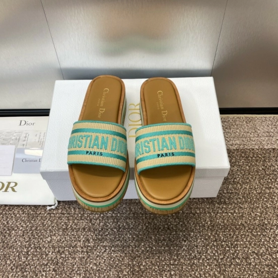2025 Women Dior Blue Beige Fabric Leather Platform Slide Sandals