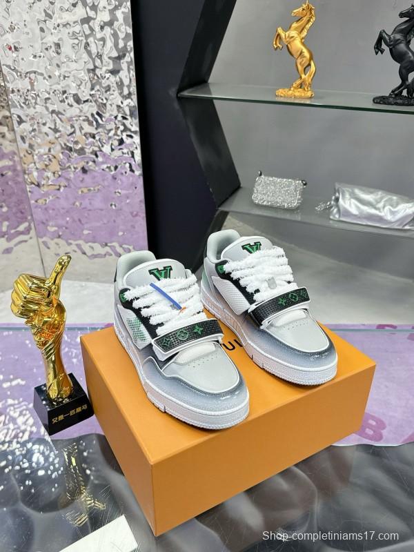 2024 Unisex Louis Vuitton Green White Leather Fabric Plimsolls Waxed Distressed Washed MJ00500