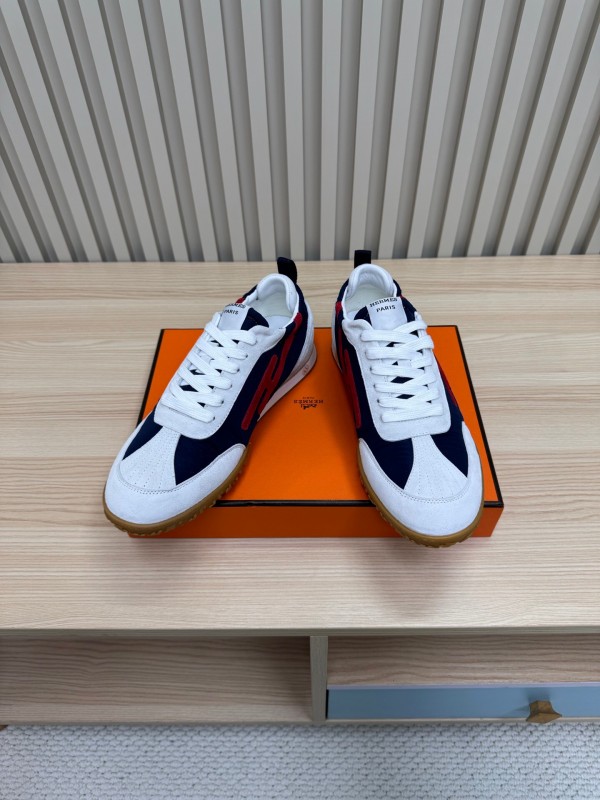 2025 Unisex Hermès White Navy Red Suede Down Fabric Sneakers Top Version LY00310