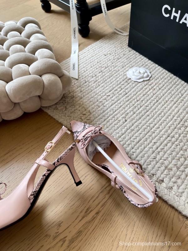 2025 Women Chanel Pink Python Leather Bow High Heels KFY00320