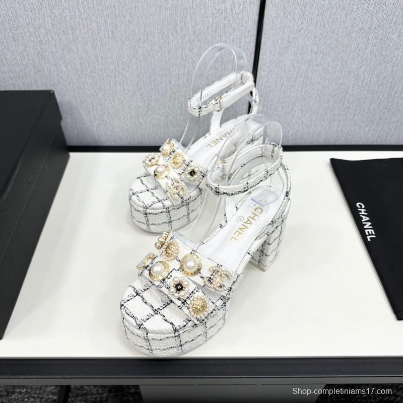 2025 Women Chanel White Black Fabric Platform Sandals Pearl Embellishment