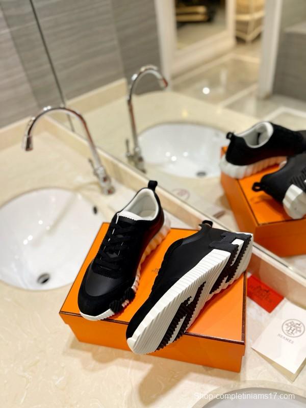 2024 Unisex Hermès Black White Leather Rainproof Fabric Casual Sneakers MJ00320