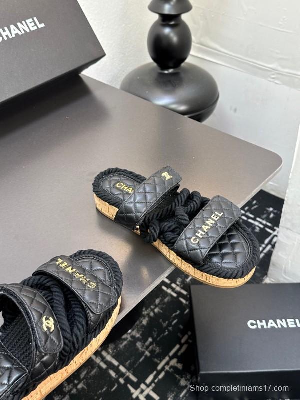 2025 Slippers Chanel Black Leather Cork Sole Sandal LY00250